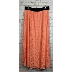 LuLaRoe Maxi Skirt Peach Floral Lace Black Waistband Elegant Women's L‎
